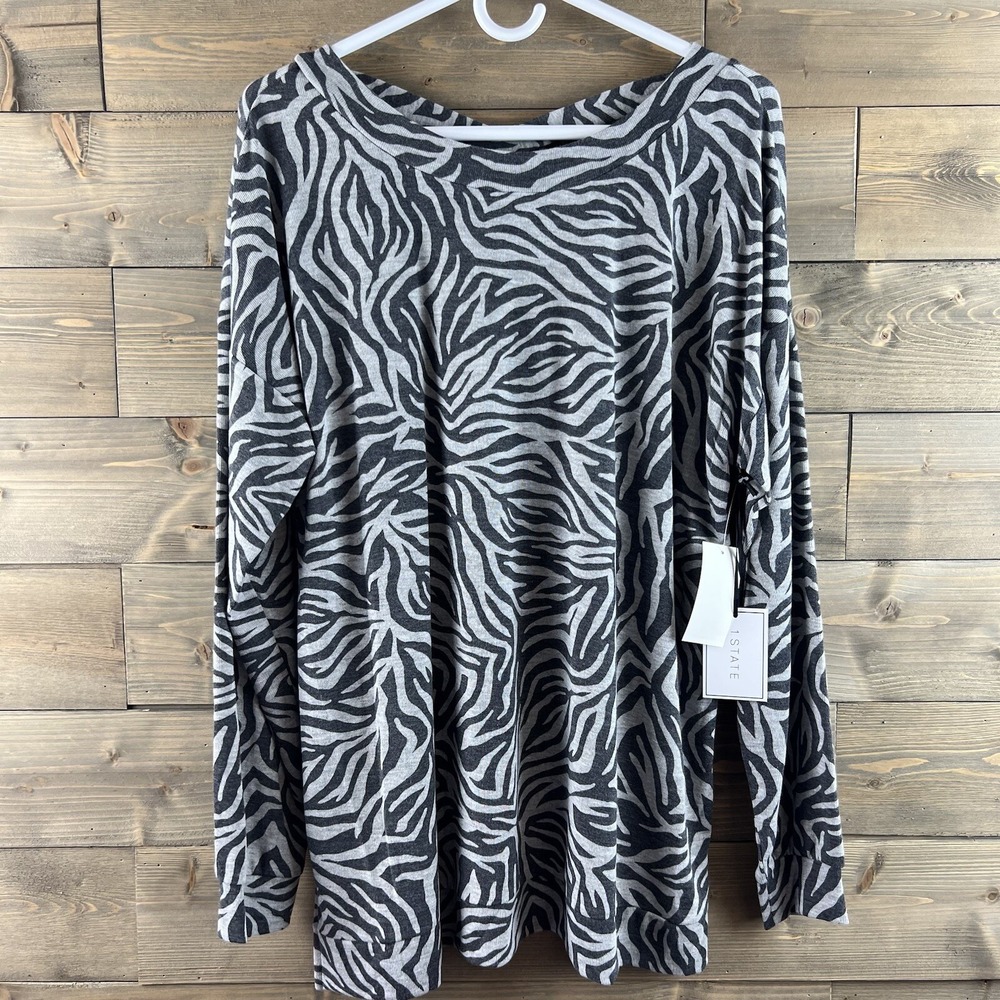 1 State Womens Shirt Long Sleeve Back Criss Cross Gray Chic Zebra Size Large